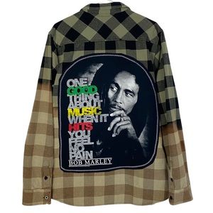 Bob Marley Flannel Shirt Shacket Mens XL Unisex Buffalo Plaid Handmade Reworked